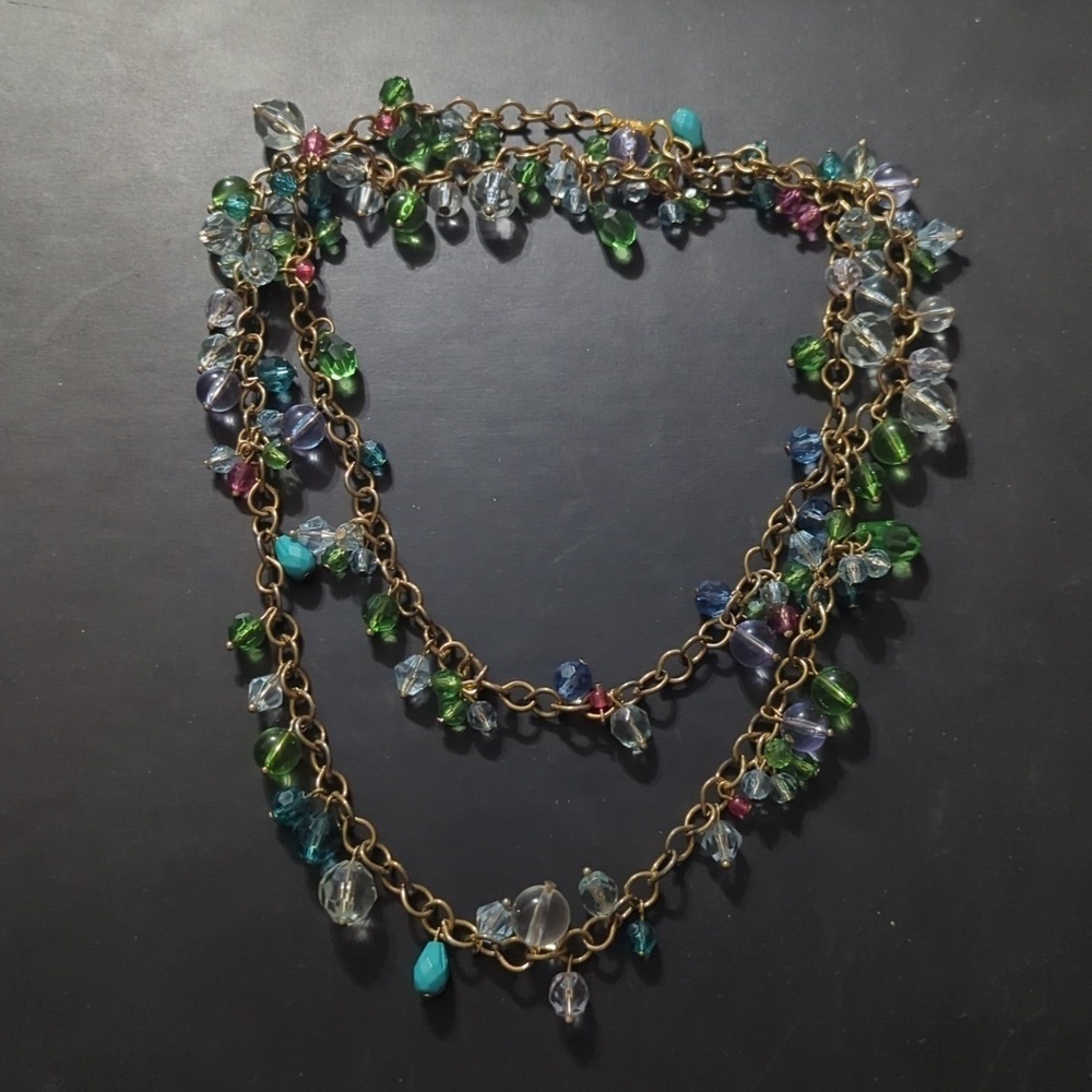 Gold Tone Pastel Blue Green Pink Crystal Beaded Chain Long Statement Necklace